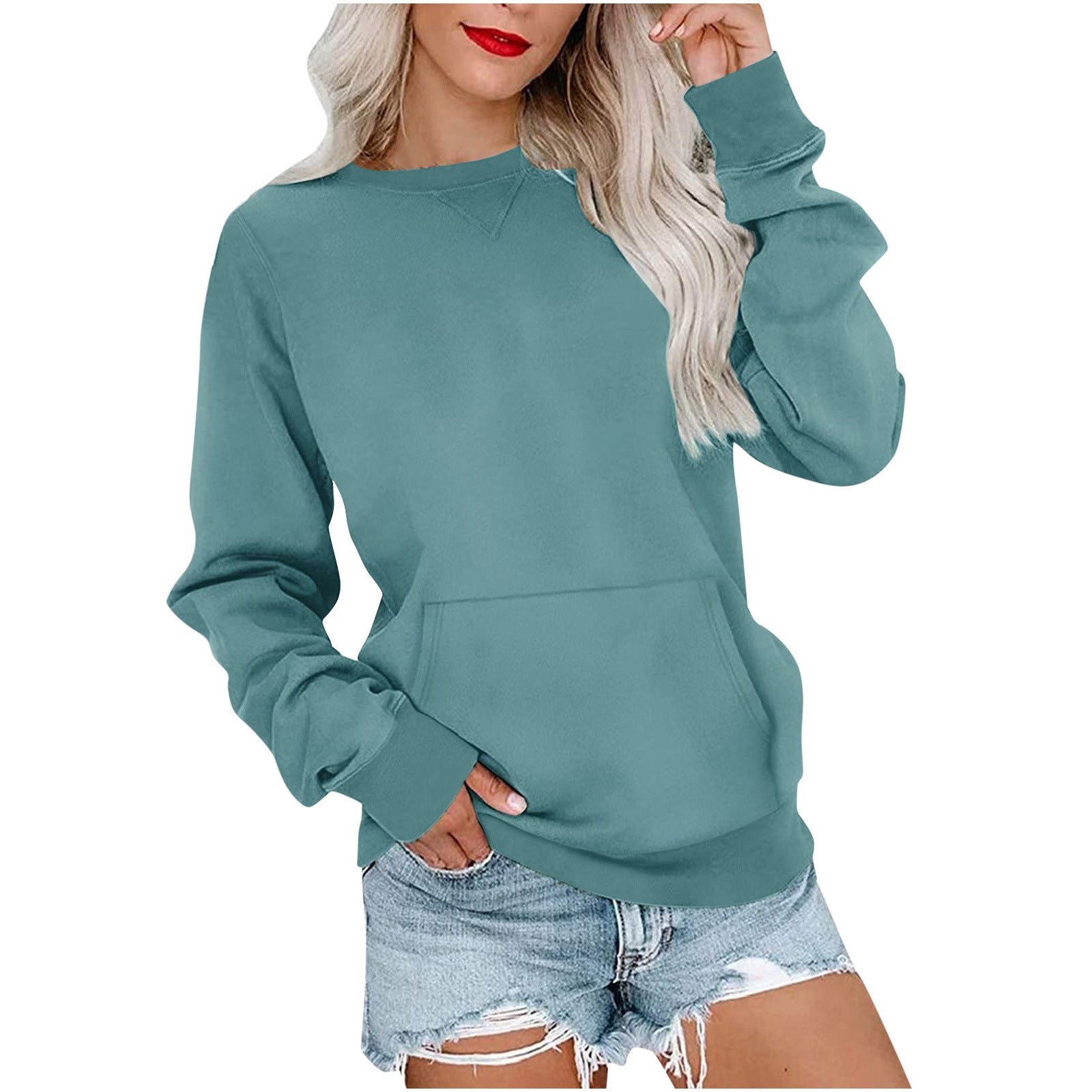 Women's Loose Solid Pullover Sweatshirt with Pocket