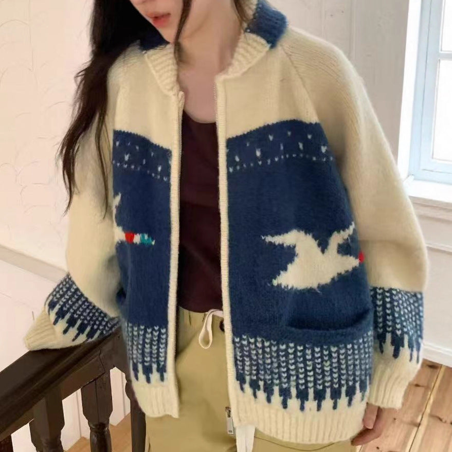 Jacquard Soft and Sticky Long-sleeve Knitted Cardigan Sweater for Women, Slimming