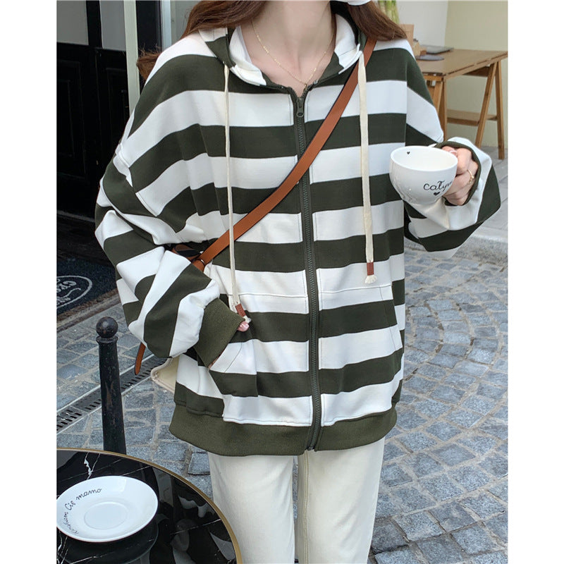 Women's Striped Hooded Zipper Cardigan Loose Sweater
