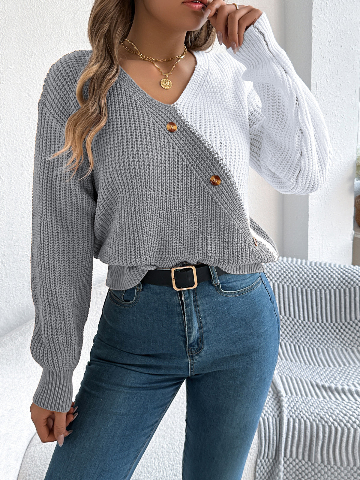 Women Casual V-neck Button Color Block Lantern Sleeve Pullover Sweater