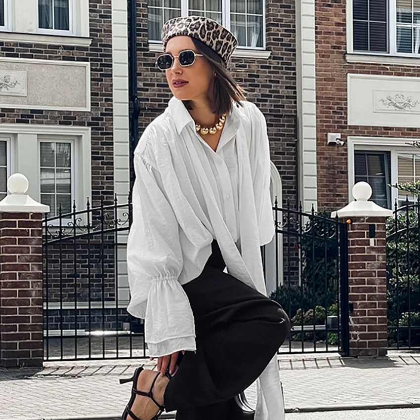 Elegant White Flared‑Sleeve Loose Top with Ribbon Trim
