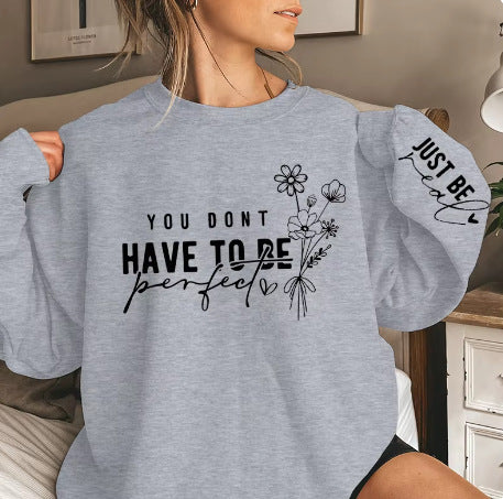 Floral Letter Print Long Sleeve Pullover Sweatshirt