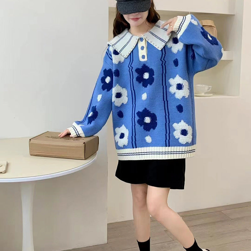 Sweet Style a Thick-knit Sweater with a Doll Collar