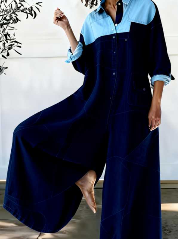 Retro Patchwork Casual Long-Sleeve Wide-Leg Jumpsuit