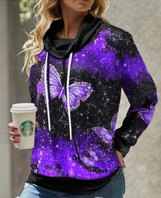 Women's Cozy Printed Hooded Sweatshirt with Pile Collar