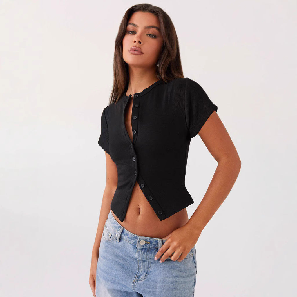 Slim-Fit Buttoned Cardigan T-Shirt – Short Sleeve, Solid Colors