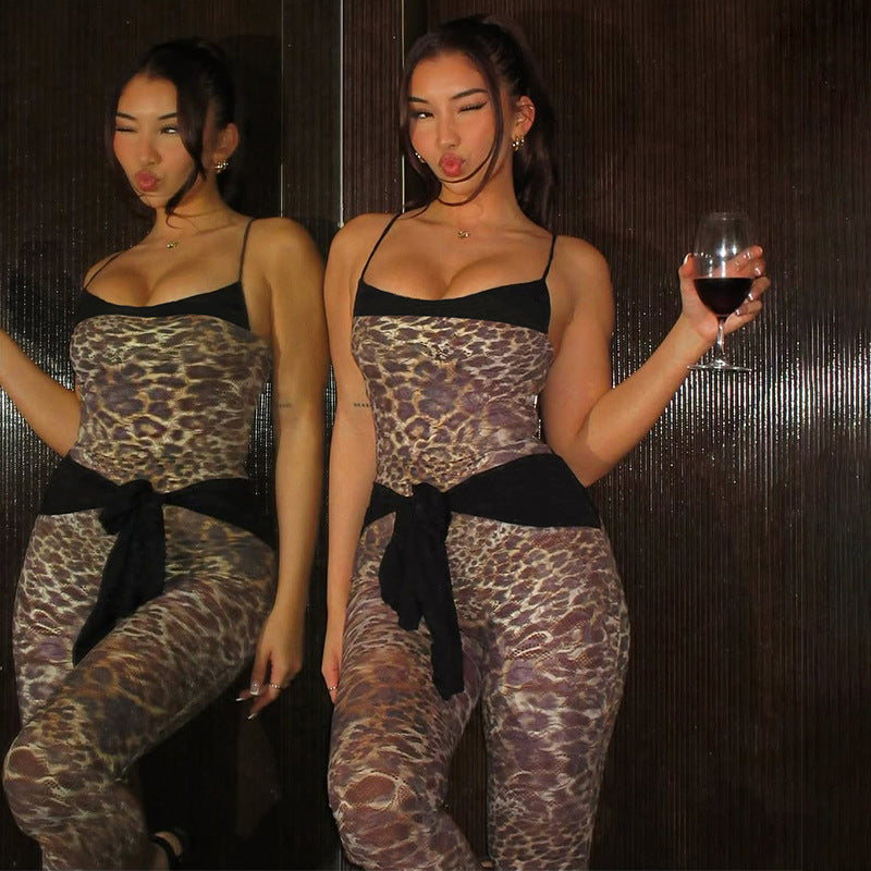 Leopard Print Lace-Up Mesh Slim Fit Jumpsuit