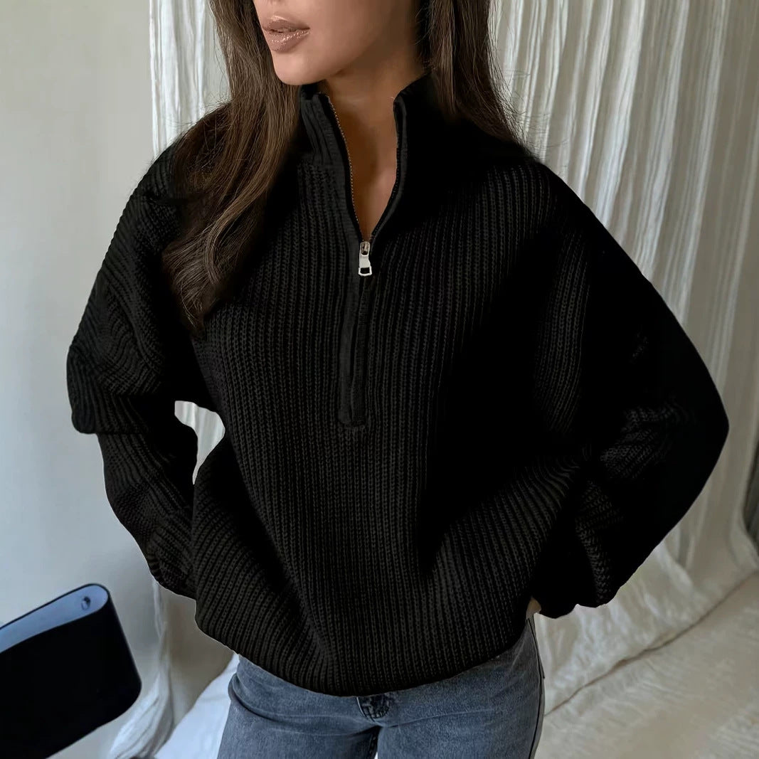 Loose-fitting Versatile Knitted Zip-up Pullover for Outerwear