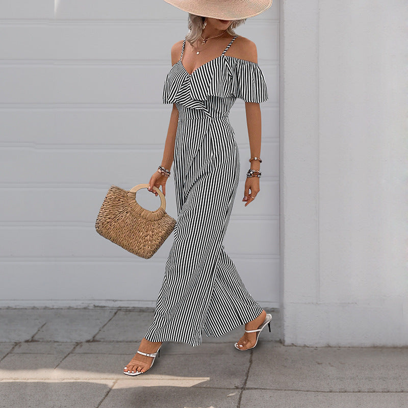 Summer New Striped Strap Wide Leg Jumpsuit For Women