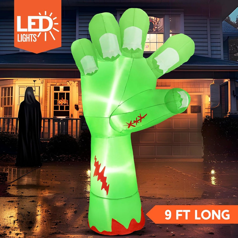9‑Foot Giant Inflatable Zombie Arm with Built‑in LED Lights for Outdoor Halloween Decoration
