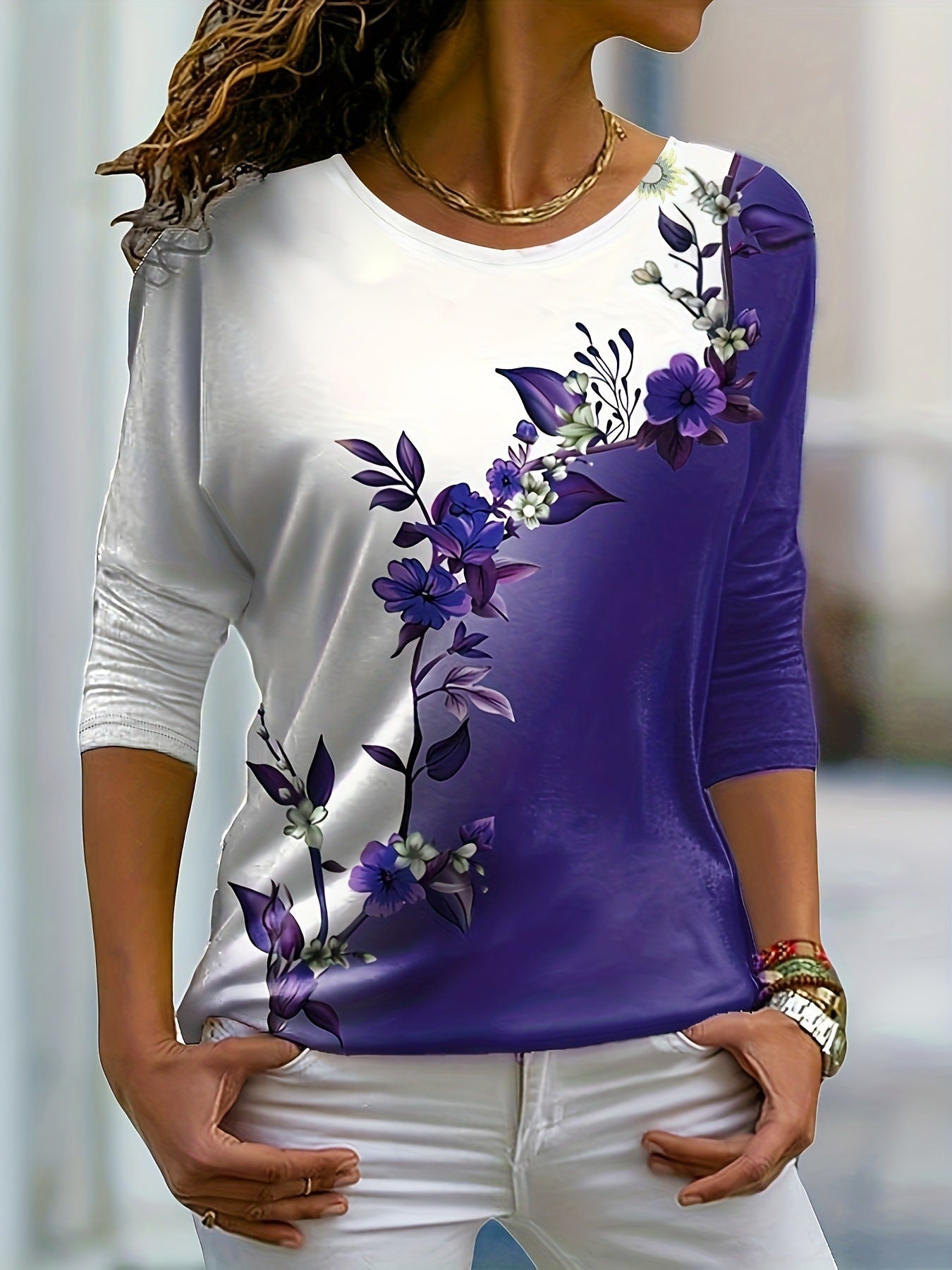 Floral Print Long Sleeve Casual Round Neck Top