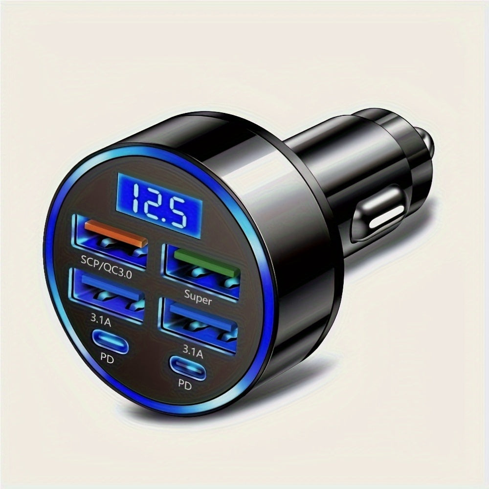6-Port Fast Car Charger 6-Port Ultra High Speed Car Charger - 1pc Dual PD Port, LED Voltage Monitor, 4 USB & 2 Type-C Multi Port Adapter | Fast Charging on the Road | General Motors Parts