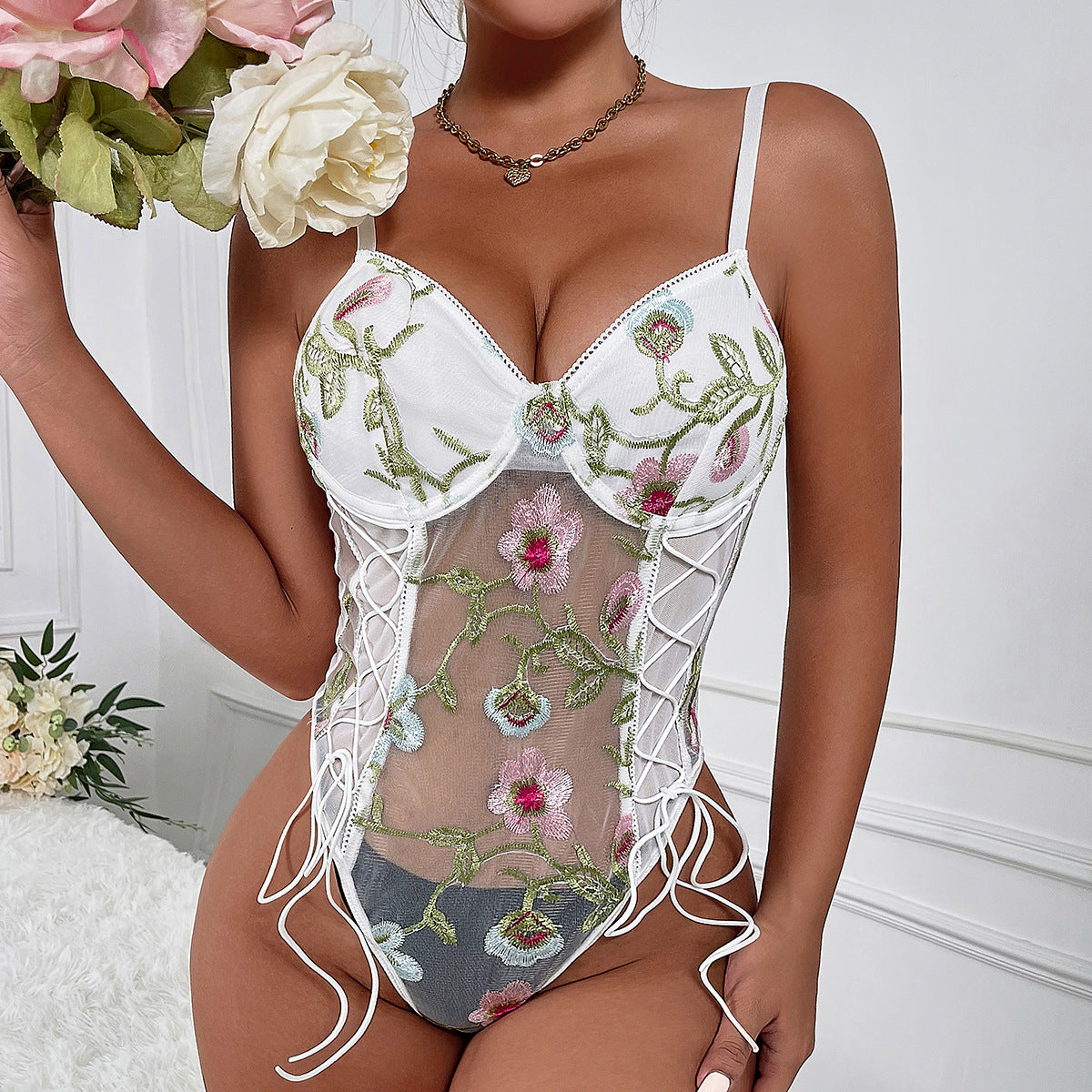 Floral Embroidered See-Through Strappy Romper