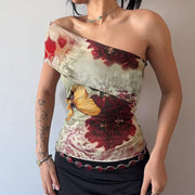 Retro Floral Contrast Off‑Neck Slim Fit T‑Shirt – Sexy Short Sleeve