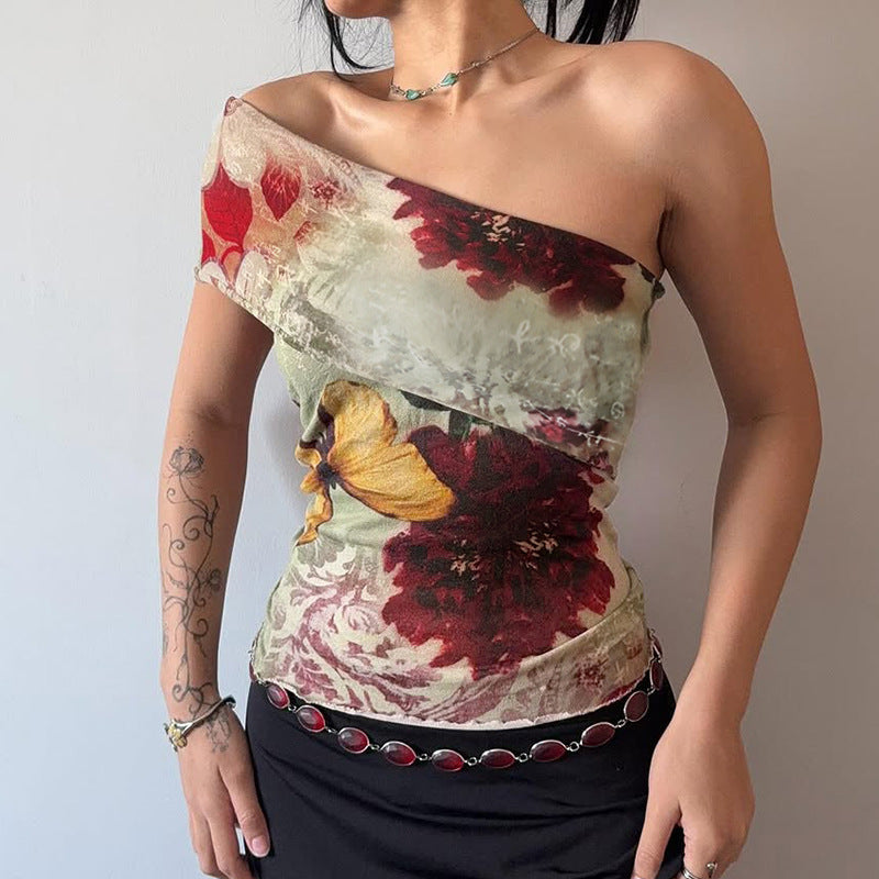 Retro Floral Contrast Off‑Neck Slim Fit T‑Shirt – Sexy Short Sleeve