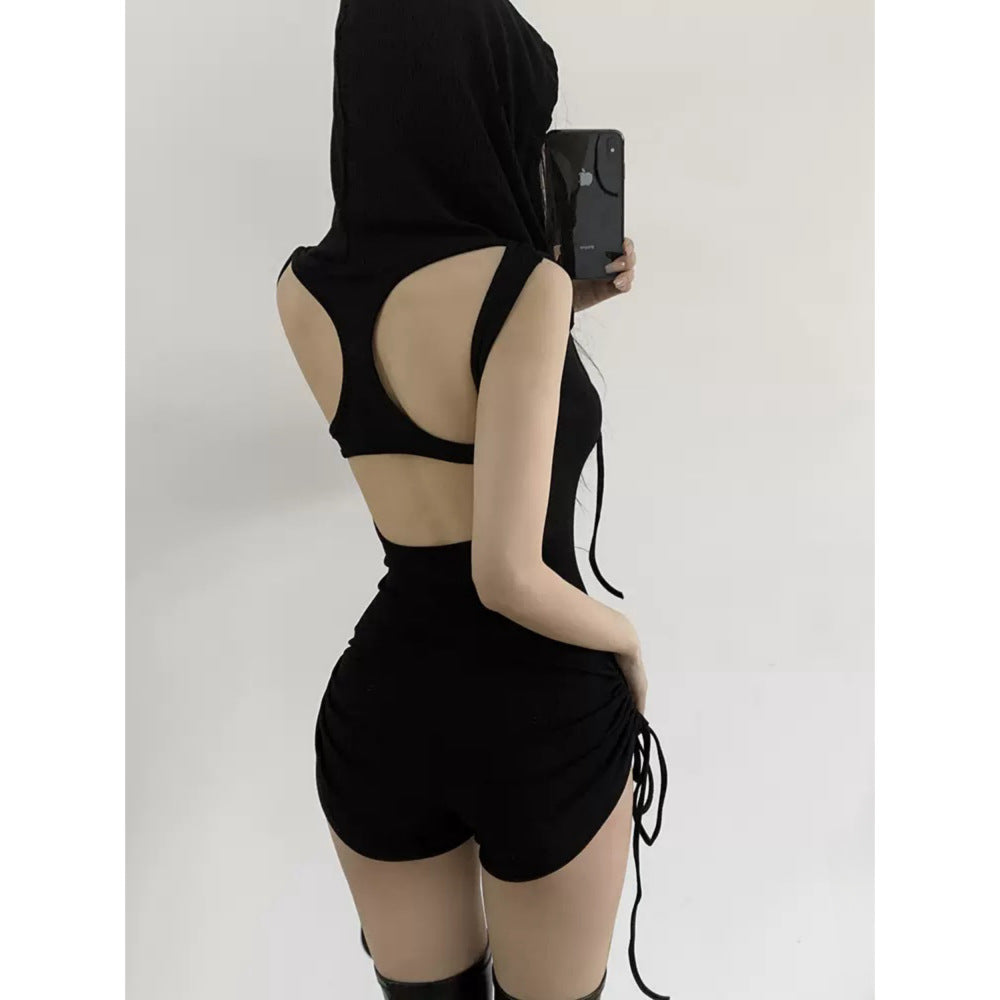 Hooded Backless Fitness Romper Shorts