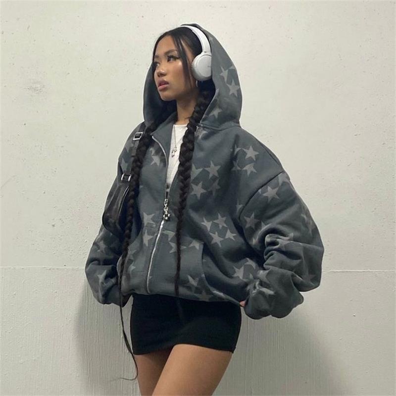 Stars Print Zipper Hooded Cardigan Couple Streetwear Coat
