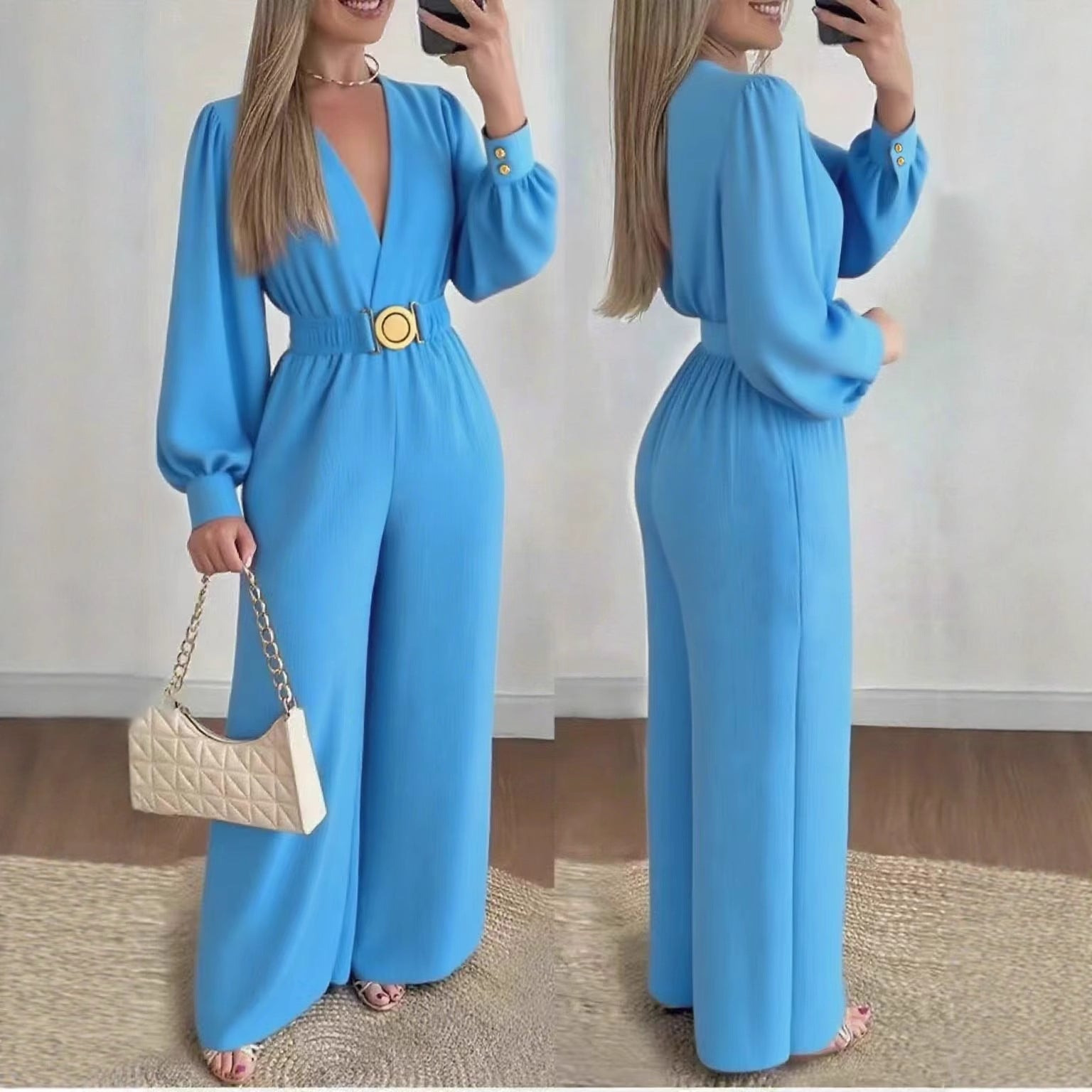 Elegant Deep V-Neck Slim-Fit Long Sleeve Jumpsuit