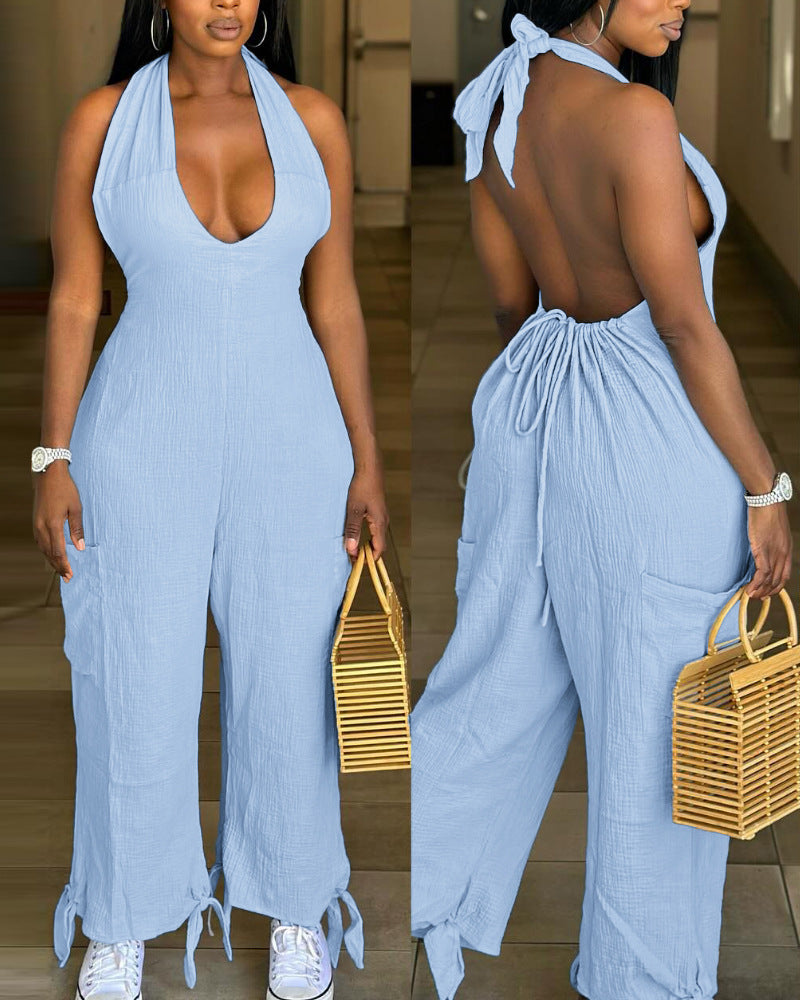 Casual Backless Halter Patch Pocket Jumpsuit Romper