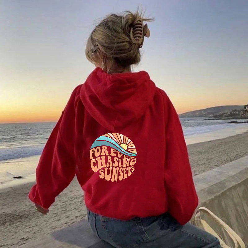 Sunset Print Fleece-Lined Kangaroo Pocket Hoodie