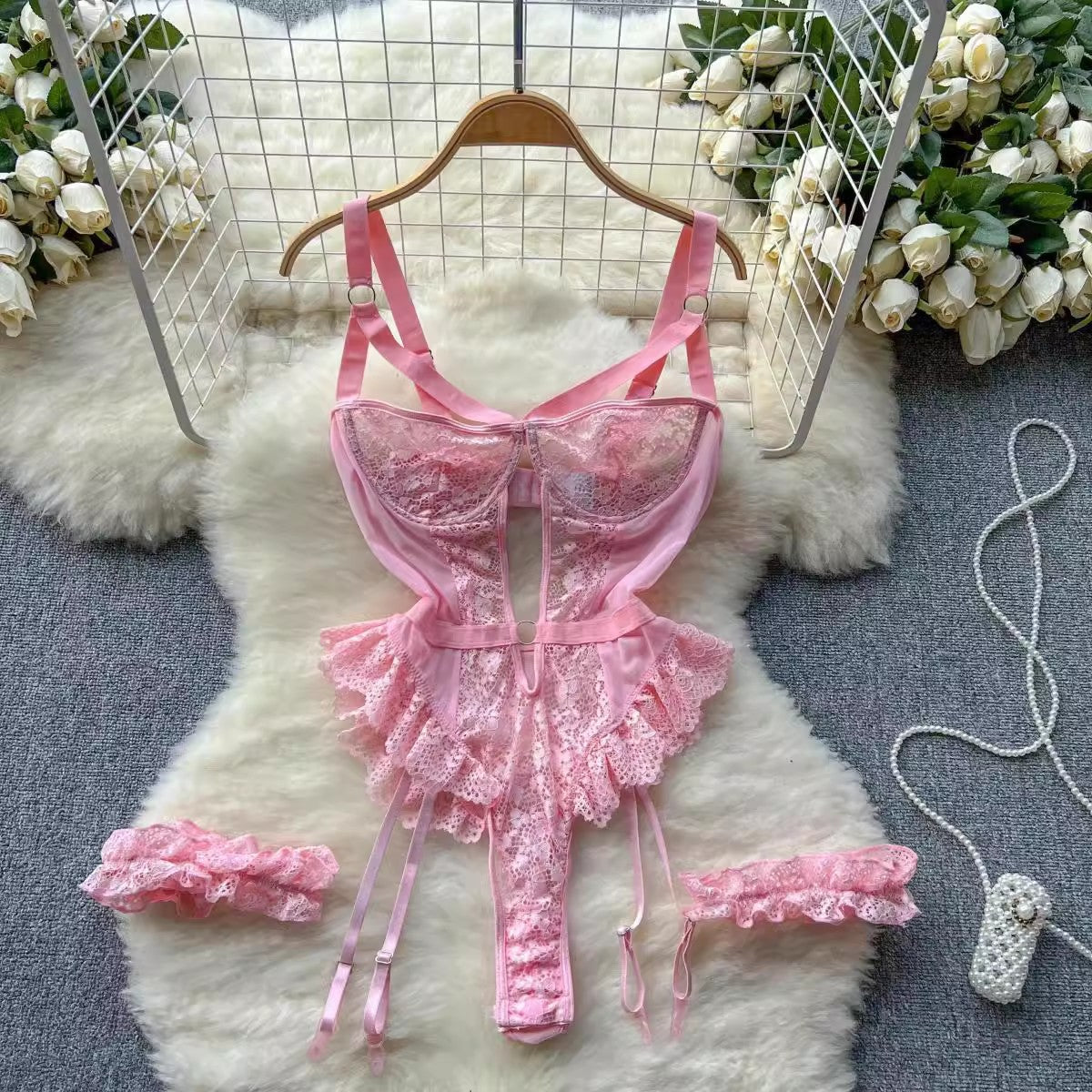 Lace Lace Lace Garter Split See-through Strappy Low-cut Hollow High Fork Jumpsuit