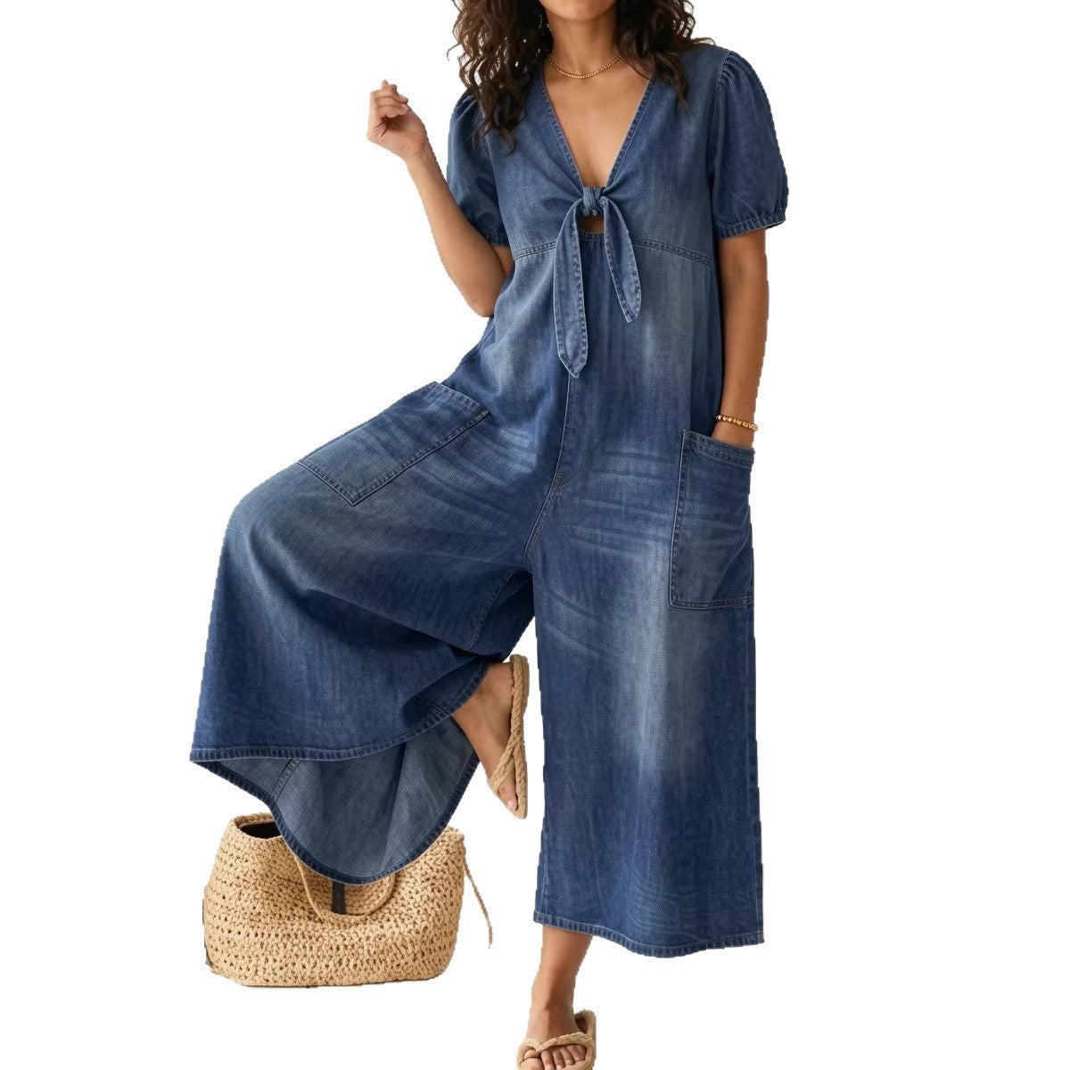 Womens Short-Sleeve V-Neck Denim Jumpsuit