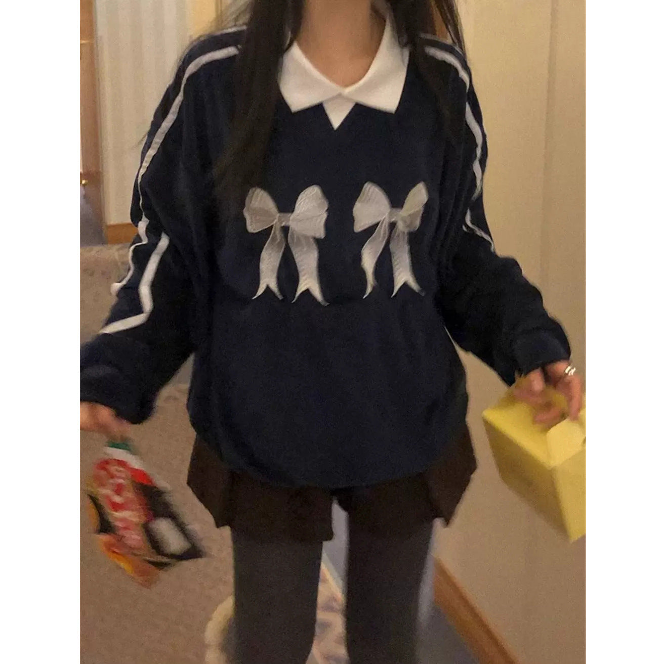 Retro Bow Embroidered Striped Contrast Knit Sweater
