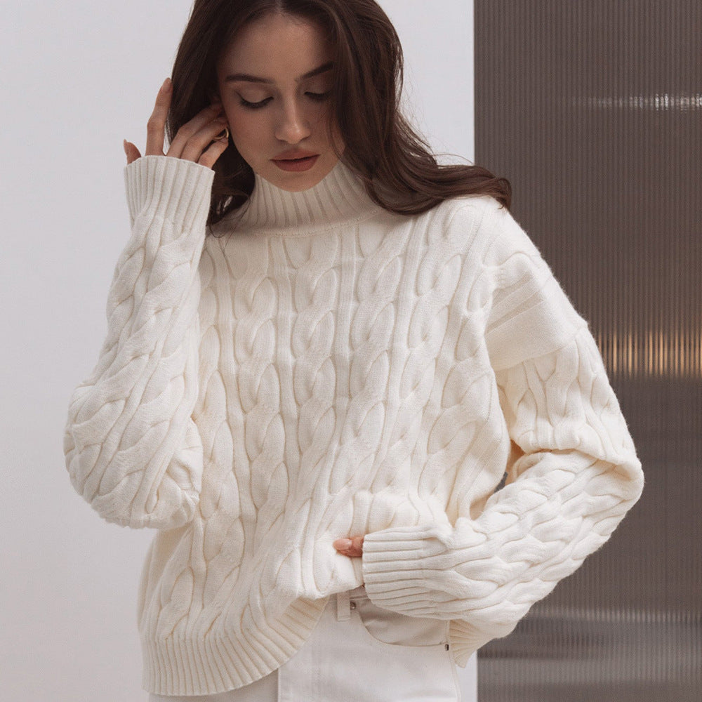 Mock Neck Cable-knit Sweater Loose Pullover Women