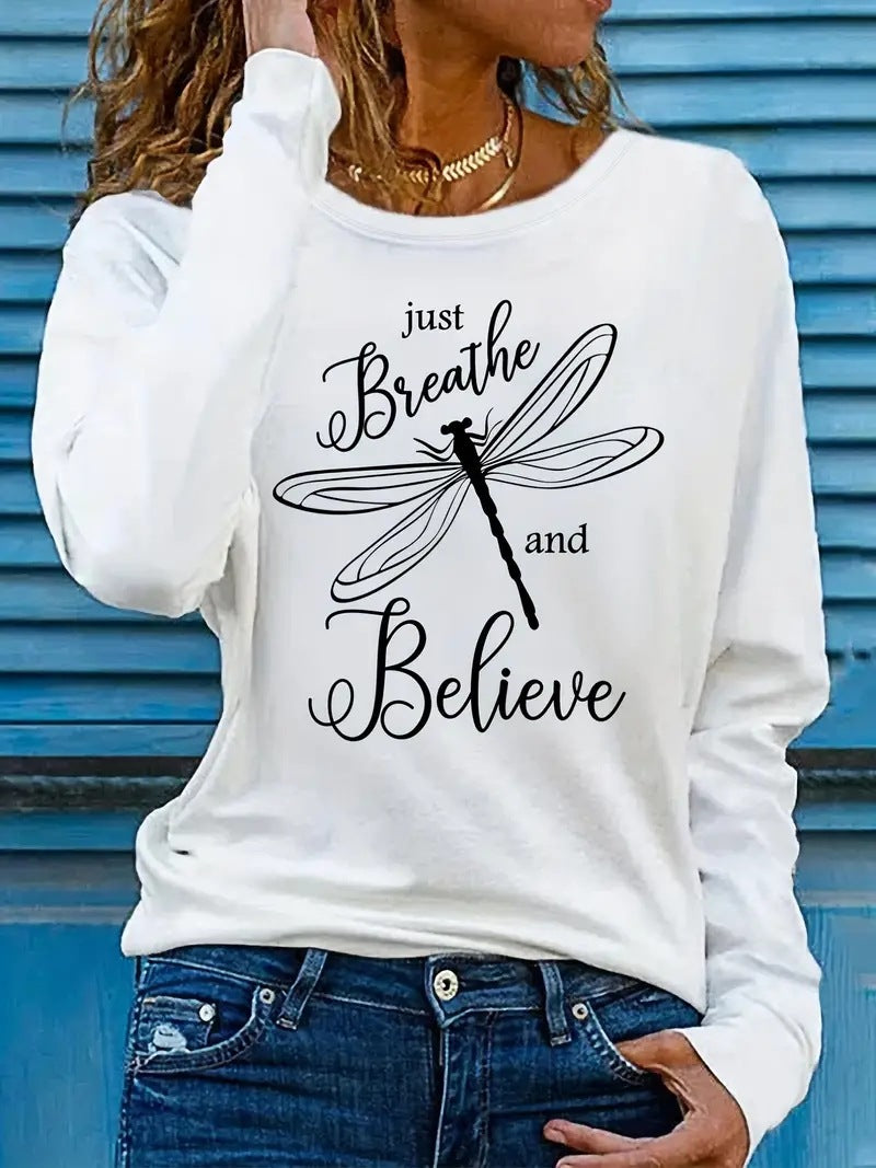 Women's Dragonfly Print Casual Long Sleeve Pullover Sweatshirt
