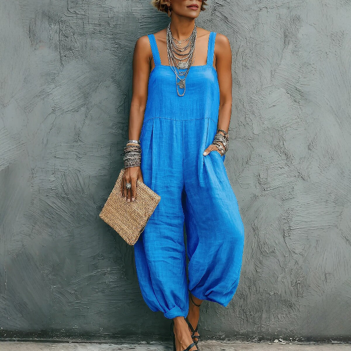 Loose-fit Strap Jumpsuit Womens Casual Wide-leg Pants