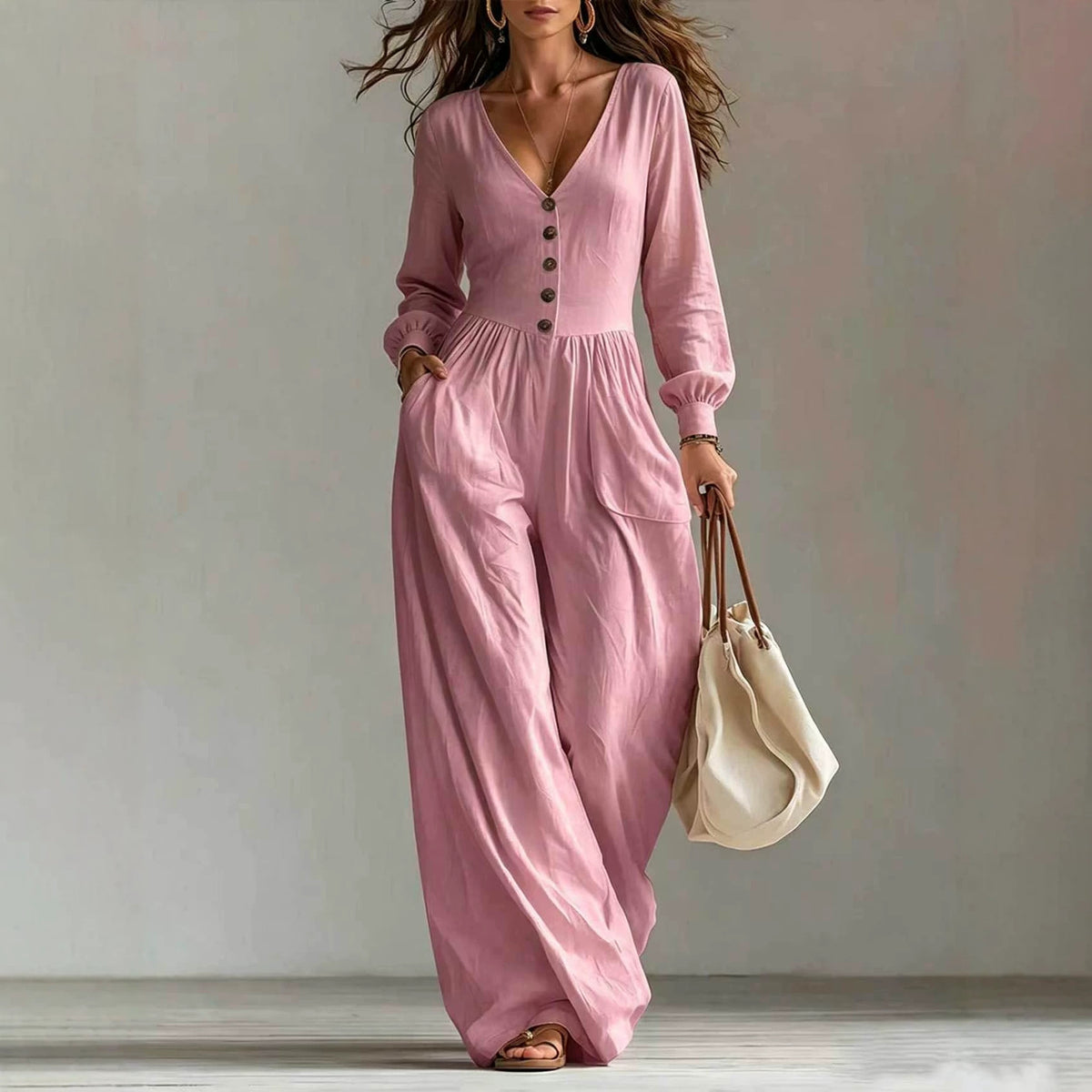 New Autumnwinter Casual Chic Womens V-neck Long-sleeve Jumpsuit With Pockets