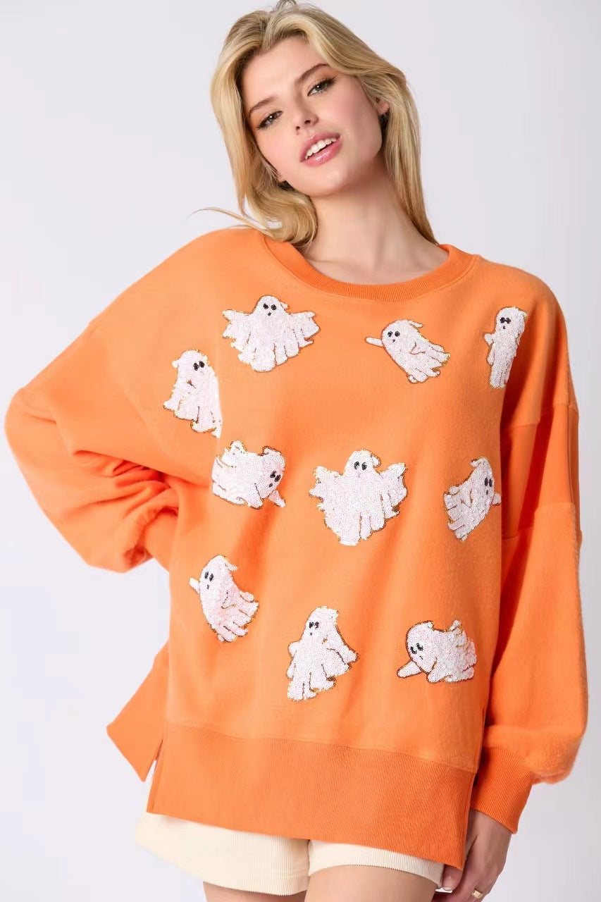 Women's Halloween Ghost Sequined Loose Sweatshirt