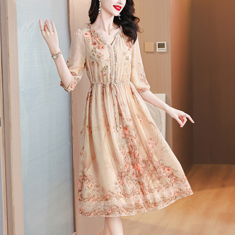 Elegant French Floral Tea-Length Dress