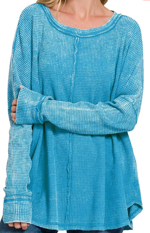 Women's Casual Washed Waffle Long-Sleeve Pullover Top