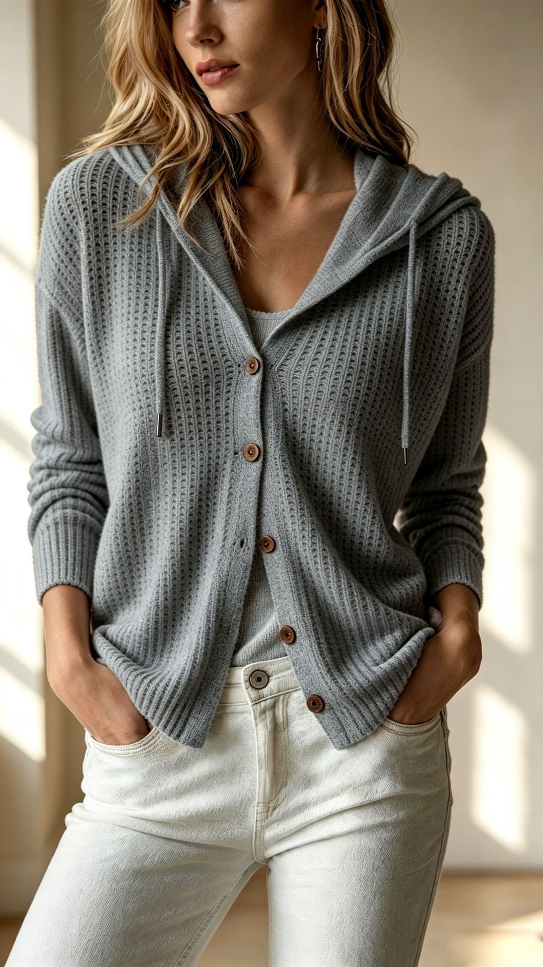 Casual Chic Cardigan with Buttons Knitted Hoodie Sweater