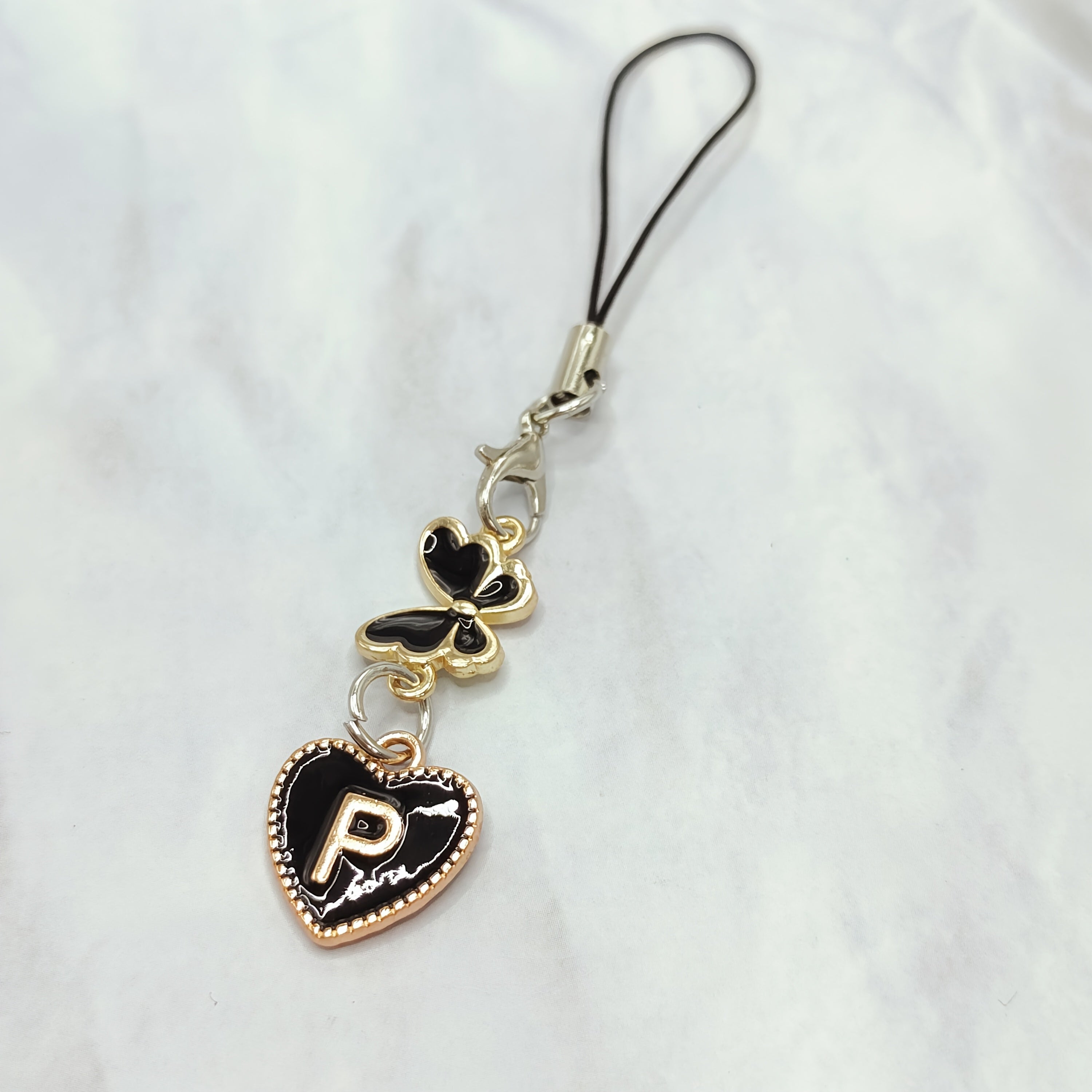 Black Letter A‑Z and Butterfly Phone Charm – Durable Aluminum Alloy