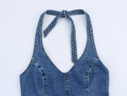 Women's Backless Halter Denim Jumpsuit Romper