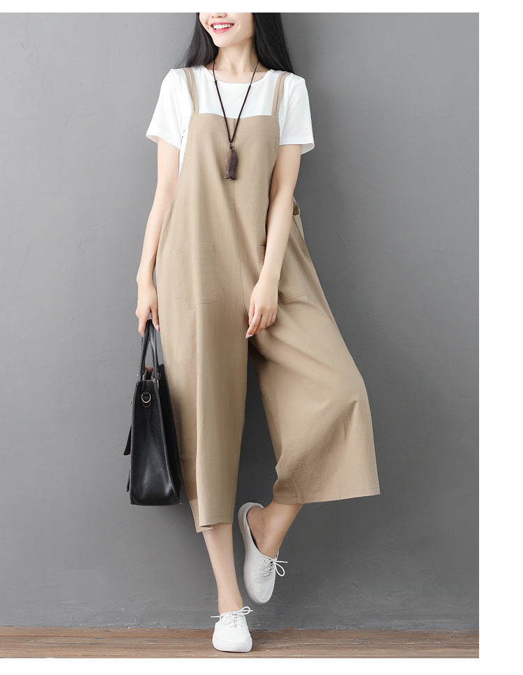 Plus Size Casual Linen Suspender Jumpsuit