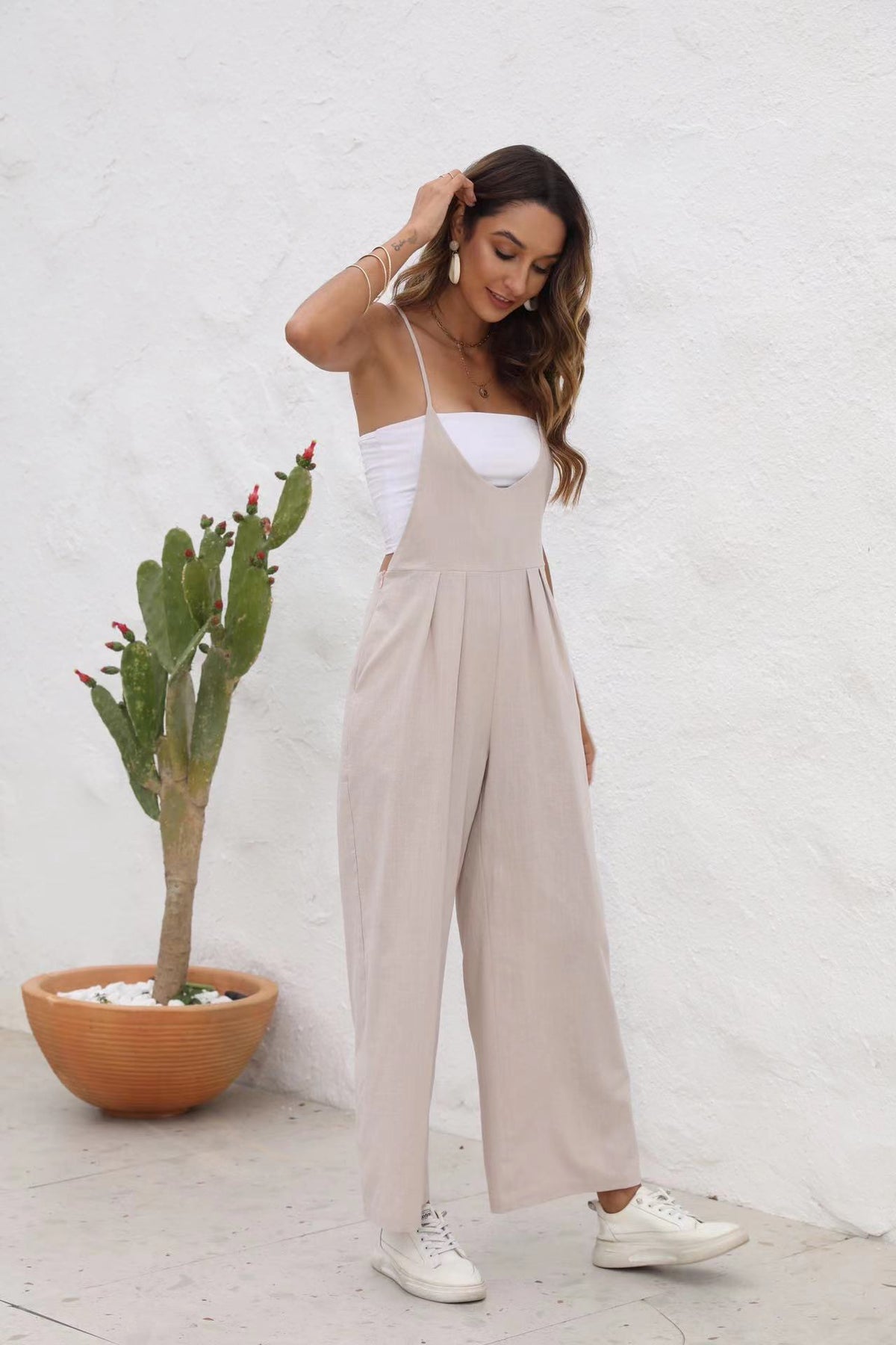Women's Casual Cotton Linen Solid Sleeveless Jumpsuit