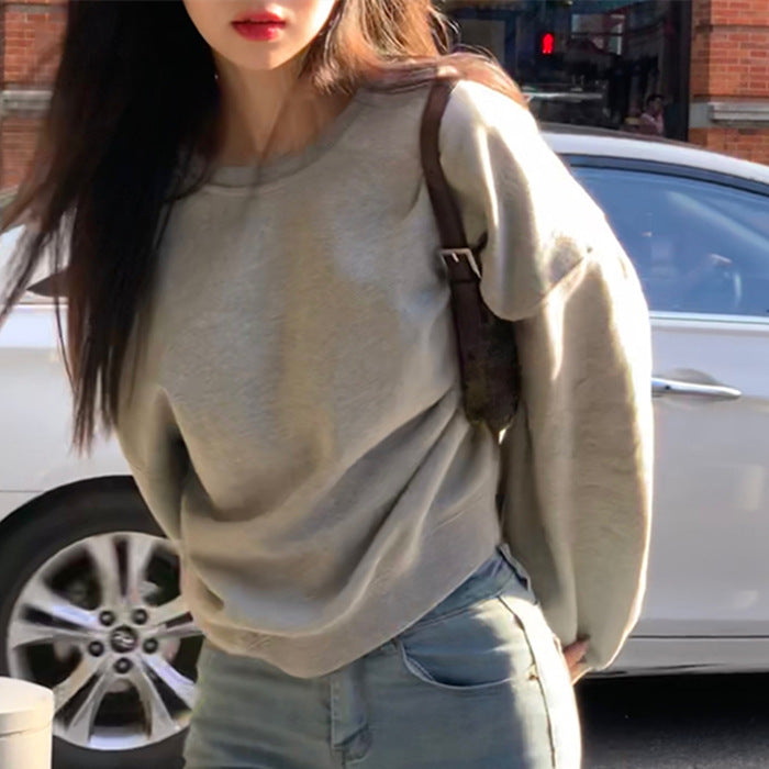Korean Style High Waist Fleece-Lined Grey Sweater