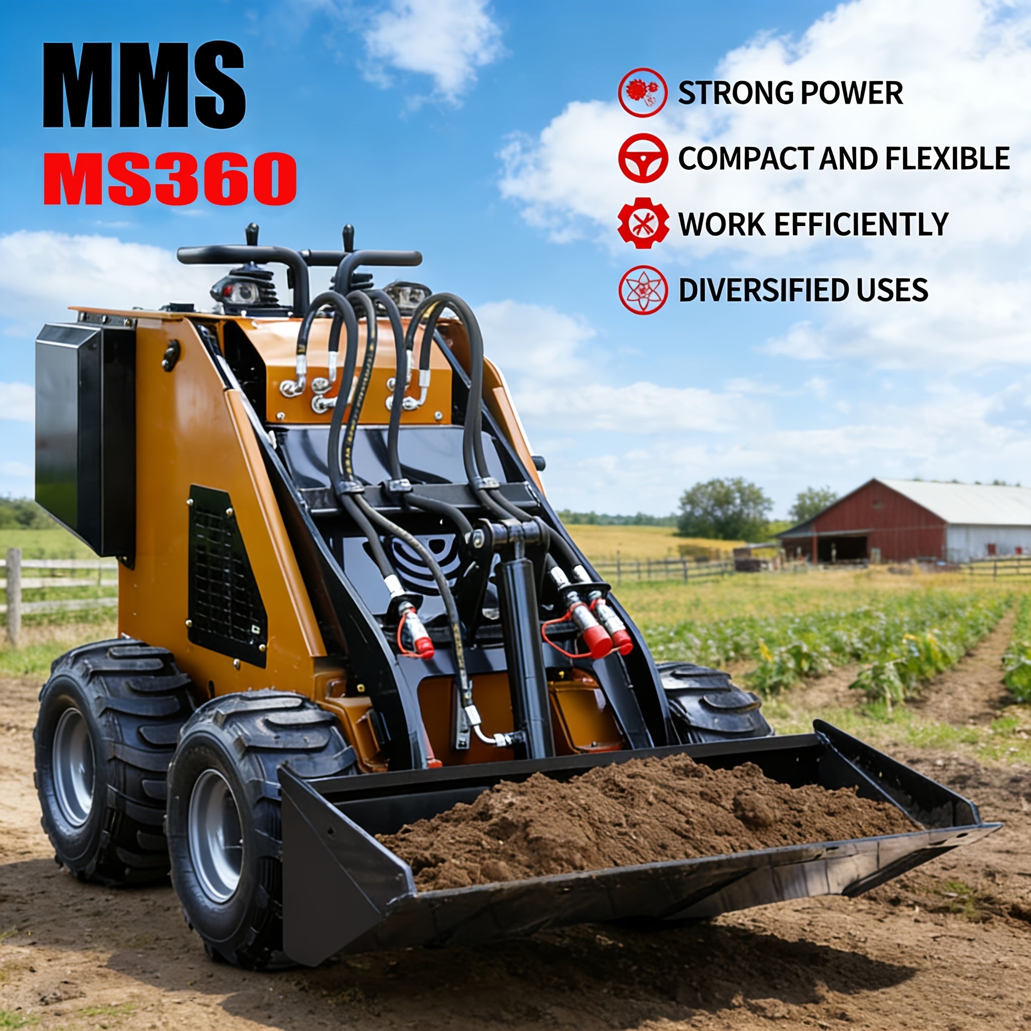 13.5 HP Mini Skid Steer Loader with 4WD, Compact Design for Snow Cleanup, Bulldozing and General Tasks