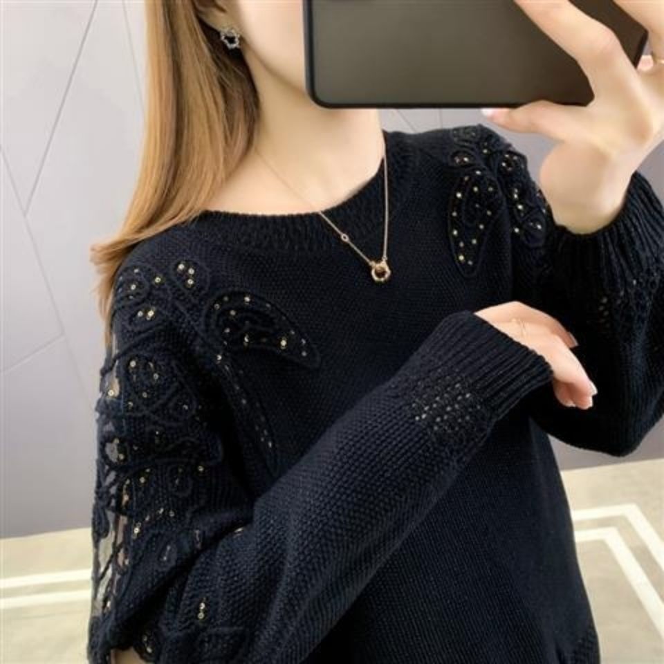 Pullover Lace Bottoming Shirt Long Sleeve Loose Hollow Knitted Sweater for Women