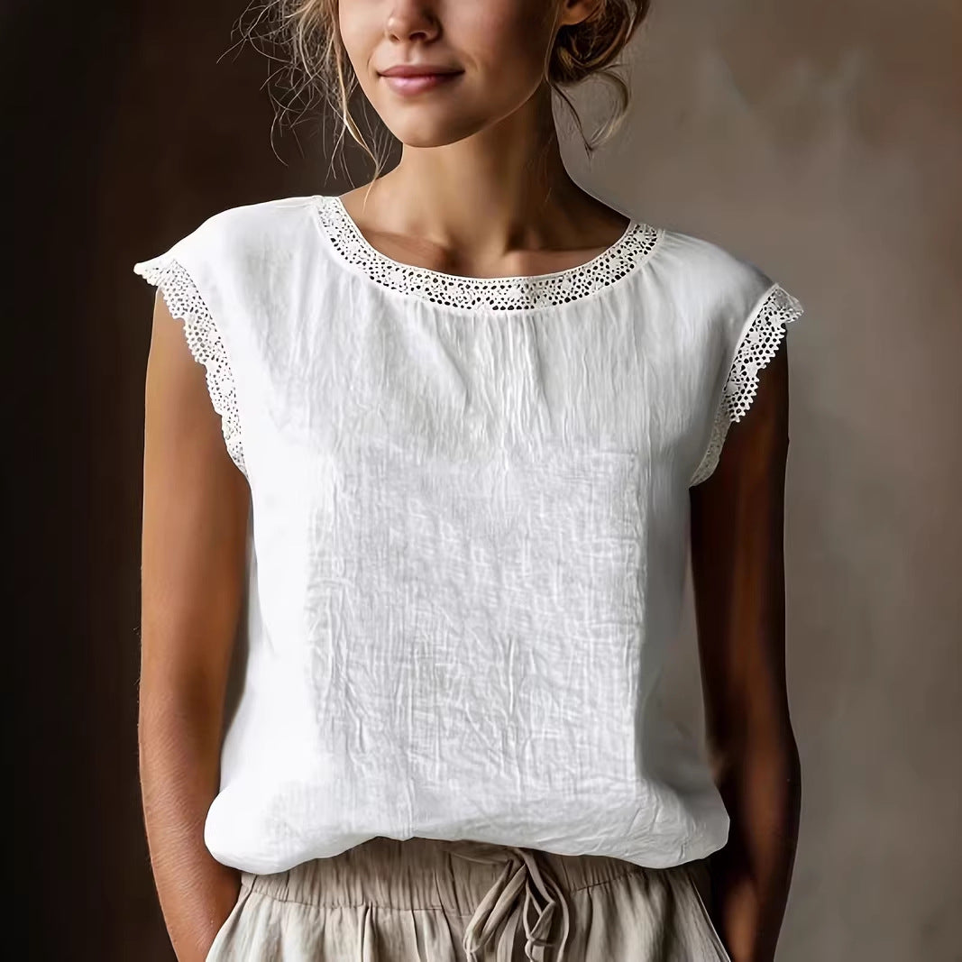 Sleeveless Cotton-Linen Crew Neck Top – Solid Color, Korean Style