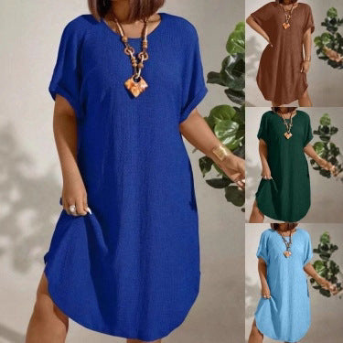 Womens Solid-color Loose-fitting Casual Round-neck Dress