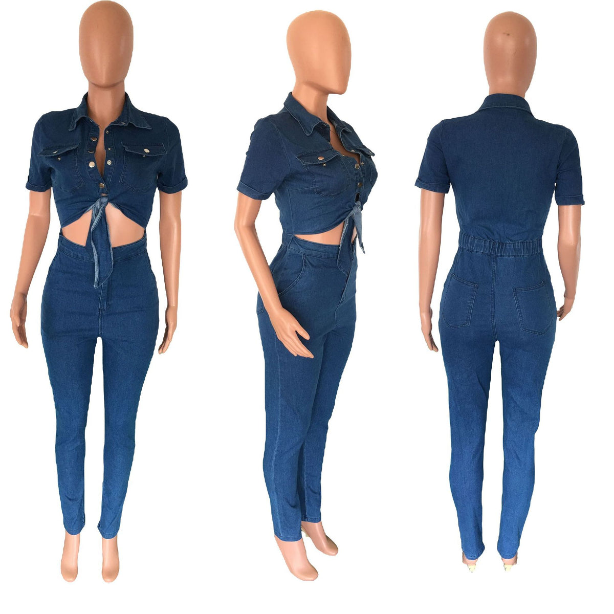 Slim Fit Fashion Short Sleeve Denim Jumpsuit