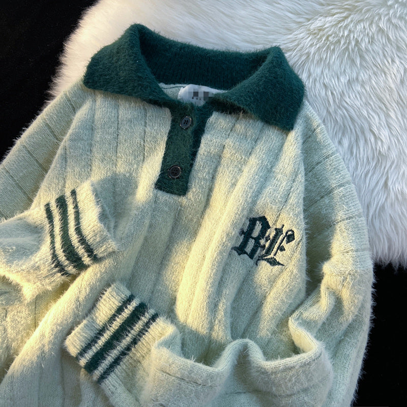 Retro Polo Neck Cream Sweater - Cozy Loose Fit Pullover