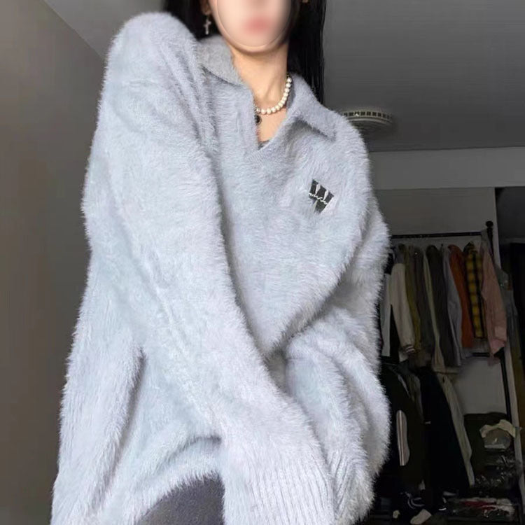 Cozy Imitation Mink Velvet Polo Collar Knit Sweater