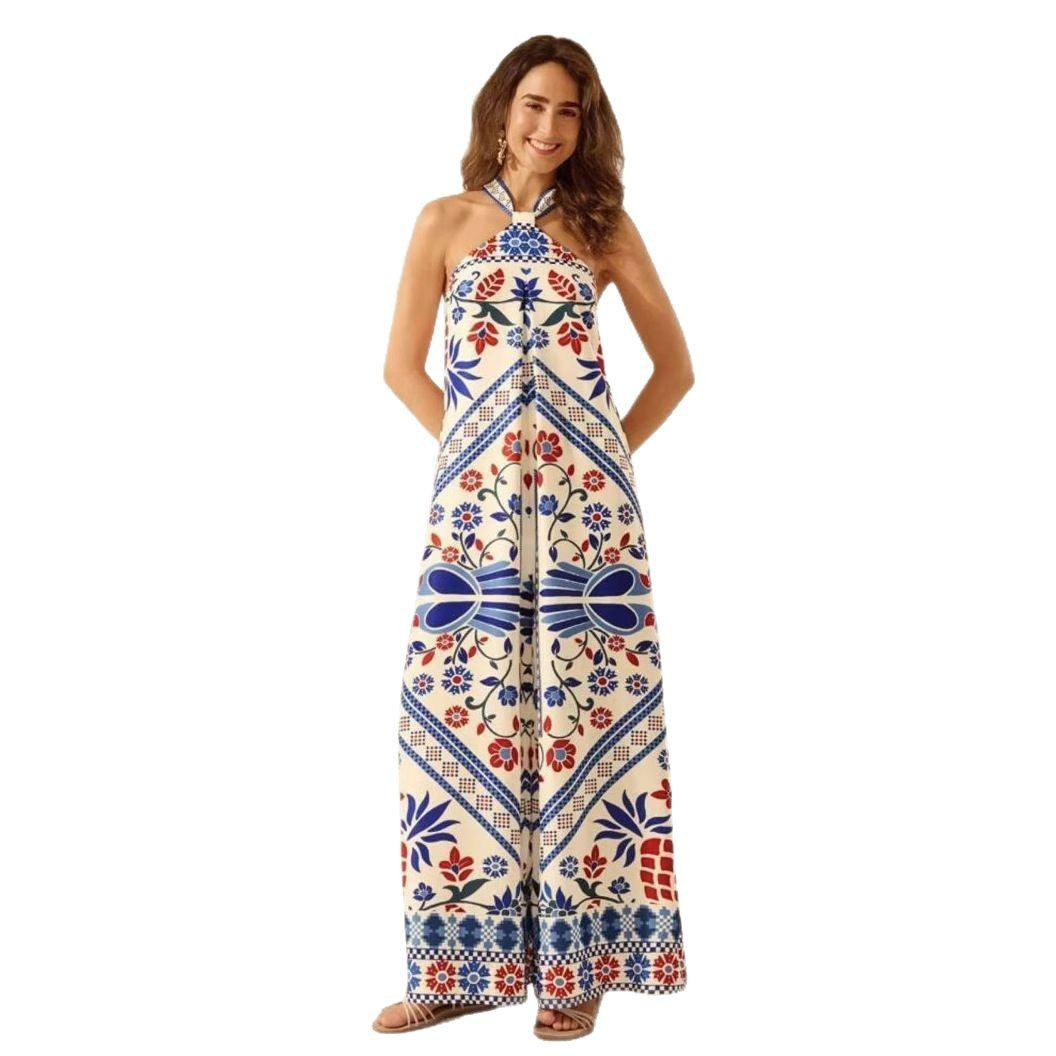 Women's Printed Halter Sleeveless Wide-Leg Romper