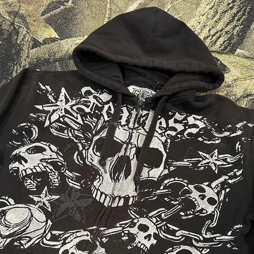 Punk Skull Print Loose Zip Hoodie Gothic Streetwear Sweatshirt