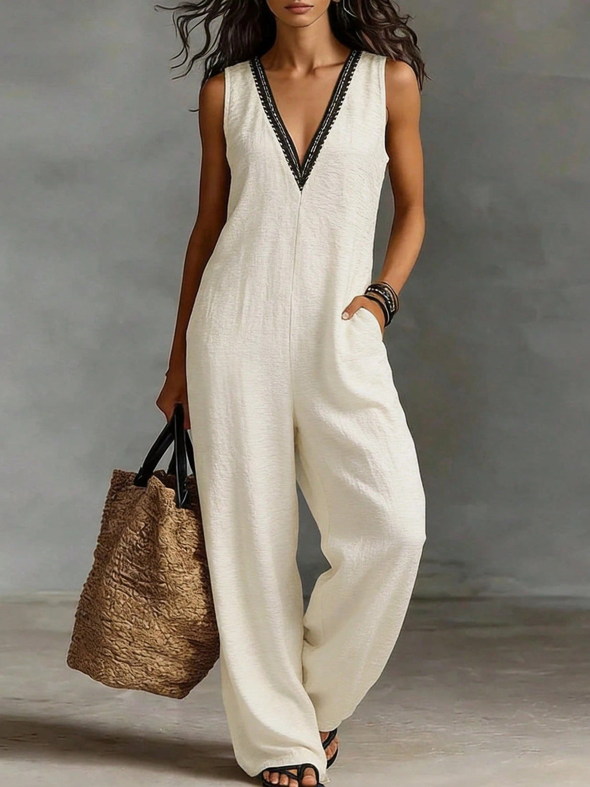 New Womens V-neck Sleeveless Wide-leg Jumpsuit